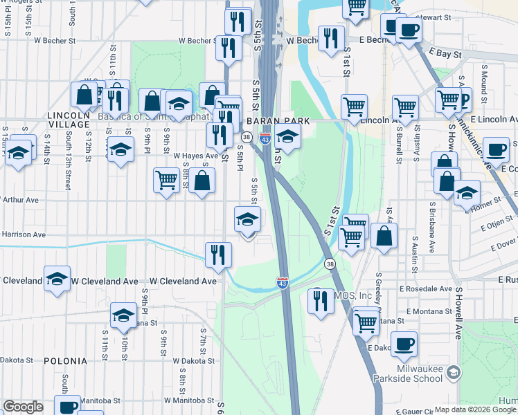 map of restaurants, bars, coffee shops, grocery stores, and more near in Milwaukee