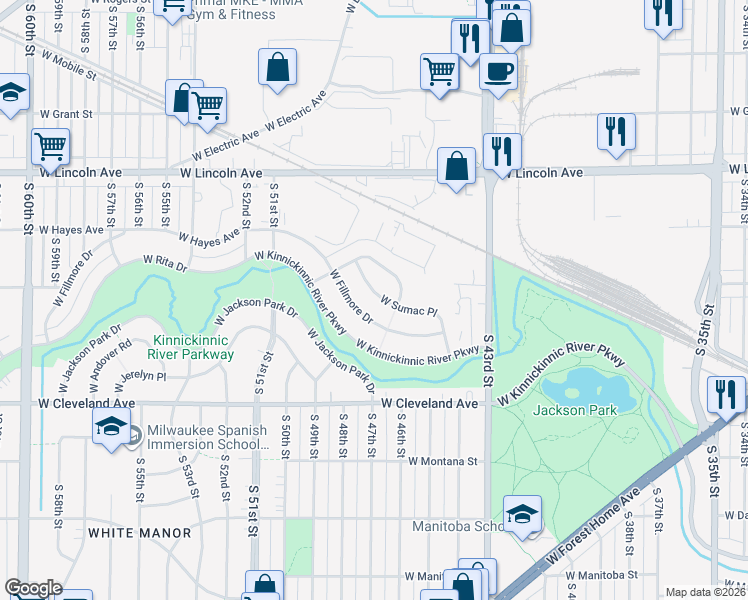 map of restaurants, bars, coffee shops, grocery stores, and more near 4608 West Sumac Place in Milwaukee