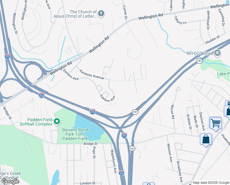 map of restaurants, bars, coffee shops, grocery stores, and more near 40 Eastern Avenue in Manchester