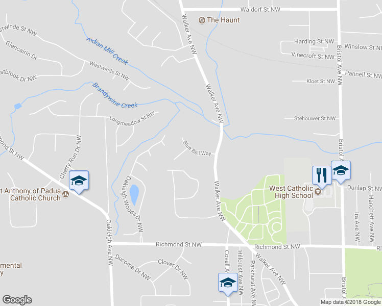 map of restaurants, bars, coffee shops, grocery stores, and more near 2036 Blue Bell Way in Grand Rapids
