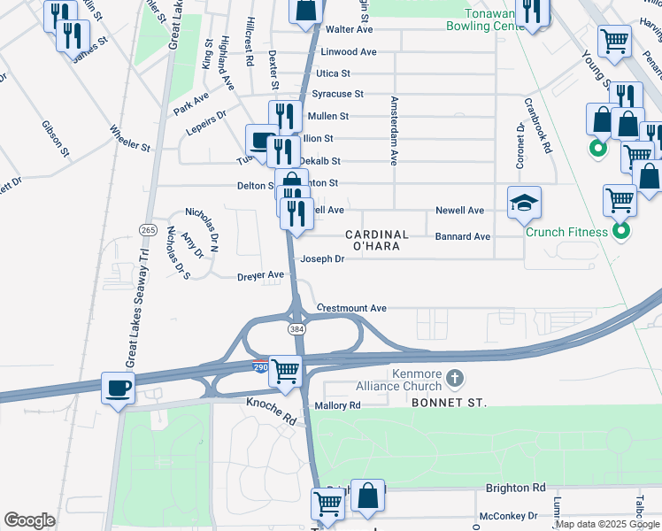 map of restaurants, bars, coffee shops, grocery stores, and more near 49 Joseph Drive in Tonawanda