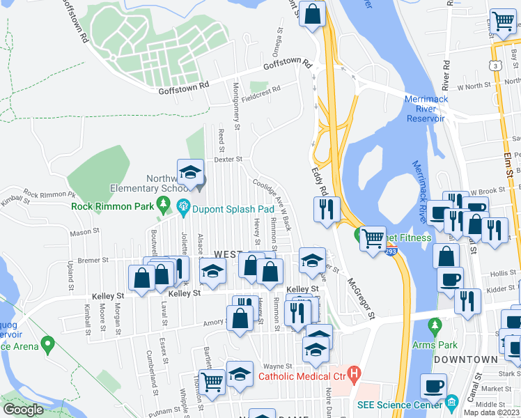map of restaurants, bars, coffee shops, grocery stores, and more near 66 Mason Street in Manchester