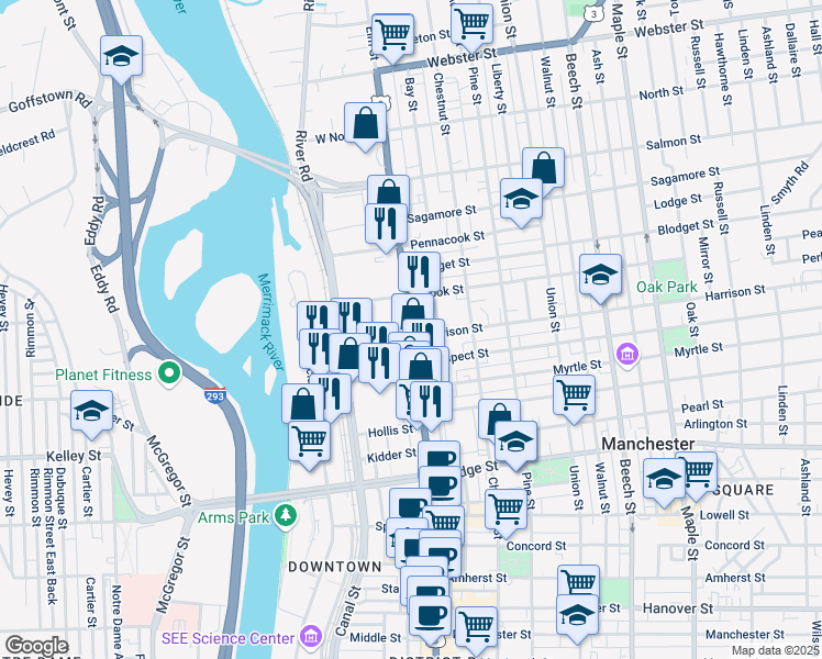 map of restaurants, bars, coffee shops, grocery stores, and more near Elm Street in Manchester