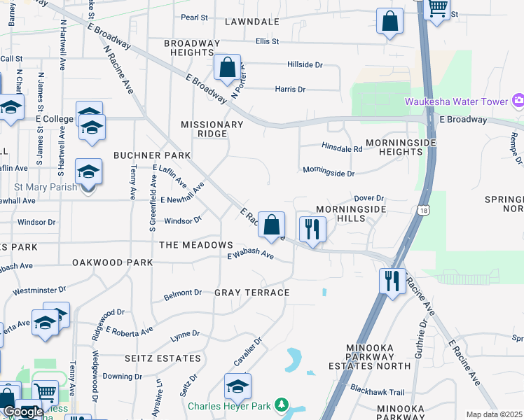 map of restaurants, bars, coffee shops, grocery stores, and more near W231S2574 East Racine Avenue in Waukesha