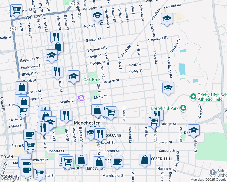 map of restaurants, bars, coffee shops, grocery stores, and more near 85 Russell Street in Manchester