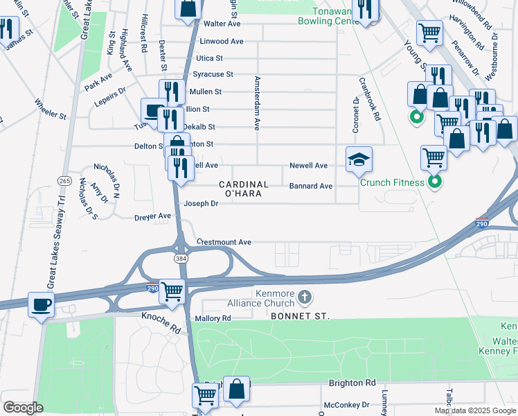 map of restaurants, bars, coffee shops, grocery stores, and more near 143 Joseph Drive in Tonawanda