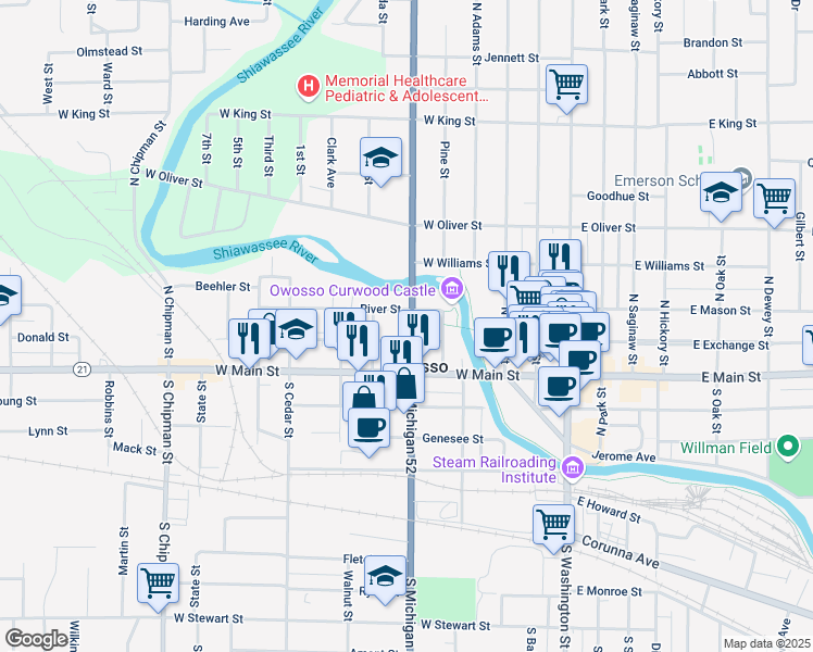 map of restaurants, bars, coffee shops, grocery stores, and more near 211 North Shiawassee Street in Owosso