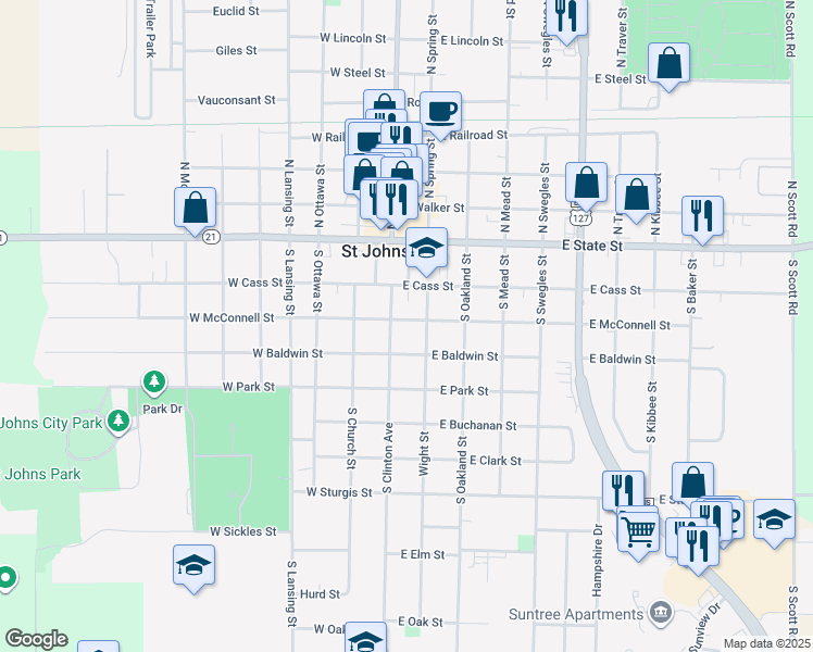 map of restaurants, bars, coffee shops, grocery stores, and more near 104 East McConnell Street in Saint Johns