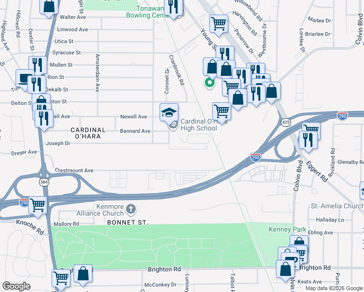 map of restaurants, bars, coffee shops, grocery stores, and more near 30 Countrygate Ln in Tonawanda
