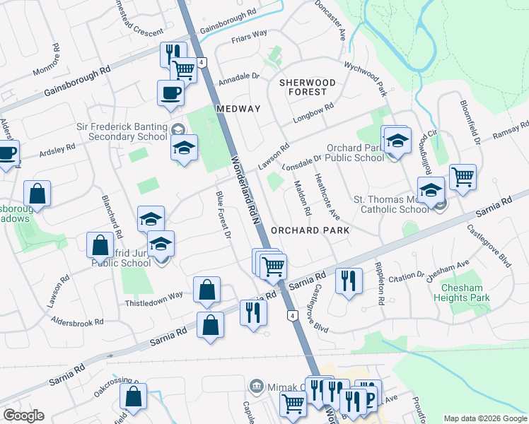 map of restaurants, bars, coffee shops, grocery stores, and more near 610 Middlewoods Drive in London