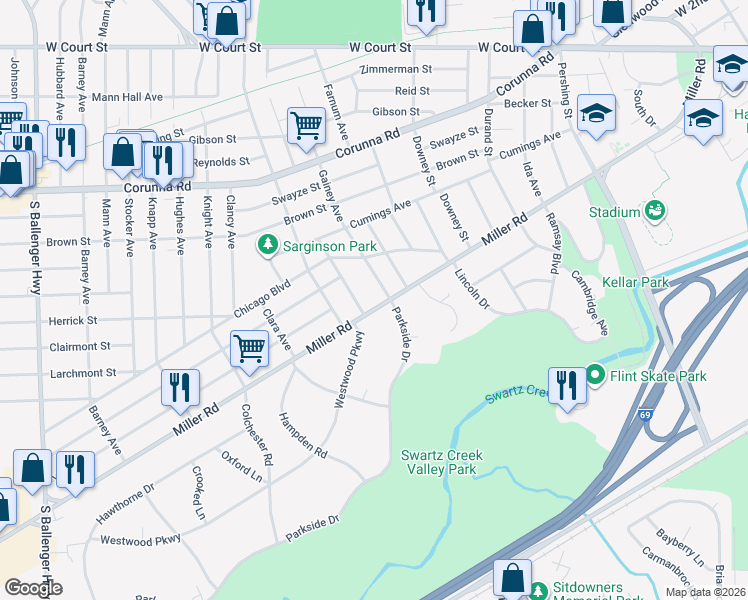 map of restaurants, bars, coffee shops, grocery stores, and more near 2610 Miller Road in Flint