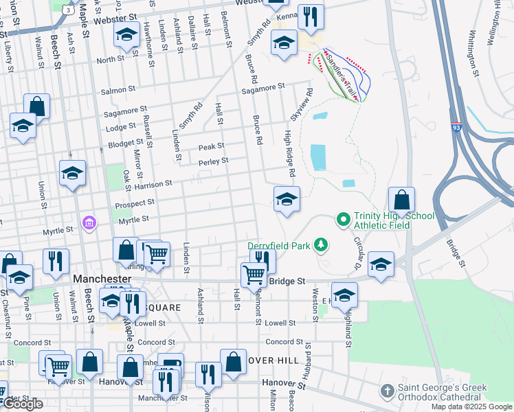 map of restaurants, bars, coffee shops, grocery stores, and more near 835 Belmont Street in Manchester