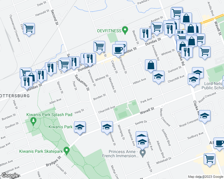 map of restaurants, bars, coffee shops, grocery stores, and more near 345 Manitoba Street in London