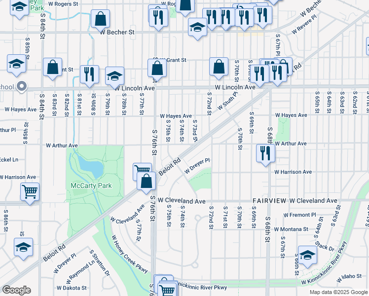 map of restaurants, bars, coffee shops, grocery stores, and more near 7318 Beloit Road in West Allis