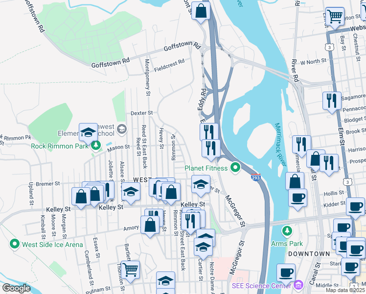 map of restaurants, bars, coffee shops, grocery stores, and more near 360 Coolidge Avenue in Manchester
