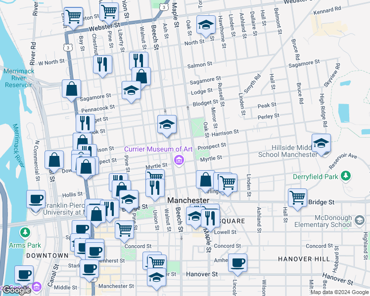 map of restaurants, bars, coffee shops, grocery stores, and more near 183 Ash Street in Manchester