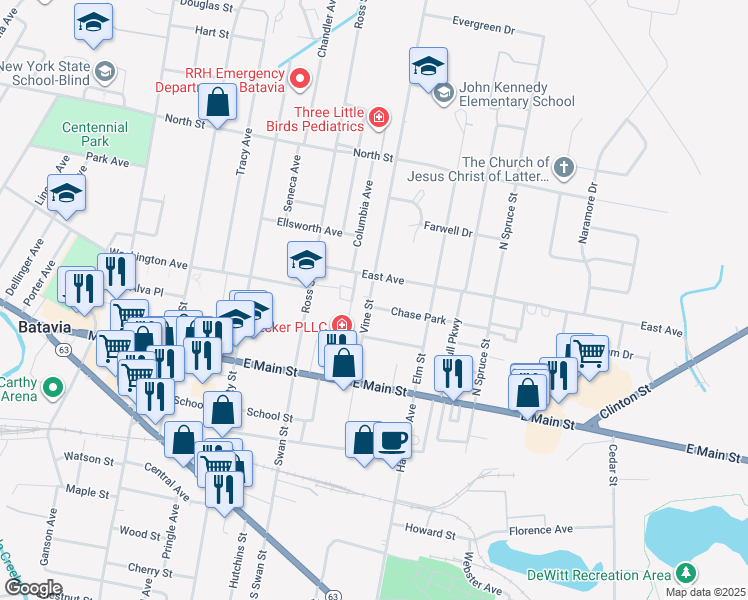 map of restaurants, bars, coffee shops, grocery stores, and more near 33 Vine Street in Batavia