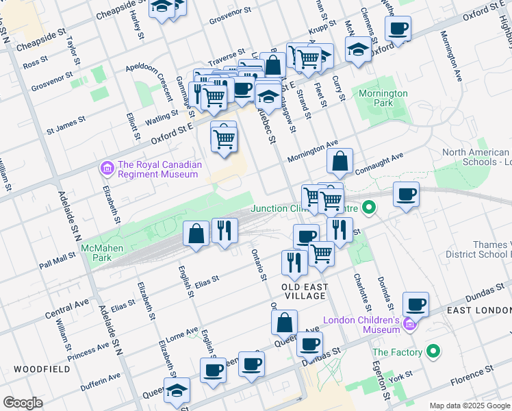 map of restaurants, bars, coffee shops, grocery stores, and more near 721 Quebec Street in London