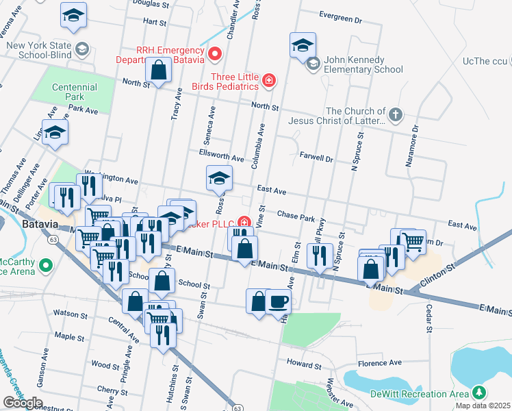 map of restaurants, bars, coffee shops, grocery stores, and more near 33 Vine St in Batavia