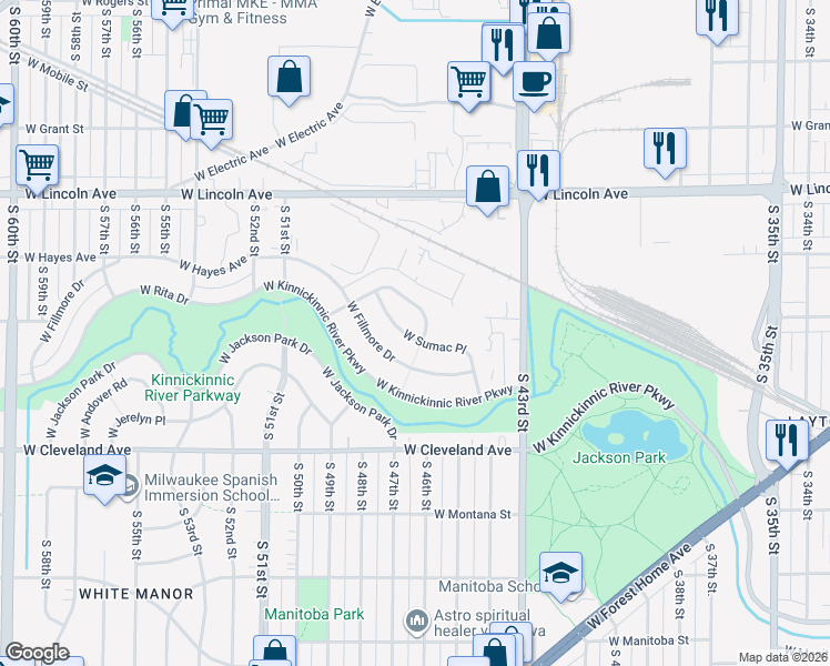 map of restaurants, bars, coffee shops, grocery stores, and more near 4608 West Sumac Place in Milwaukee