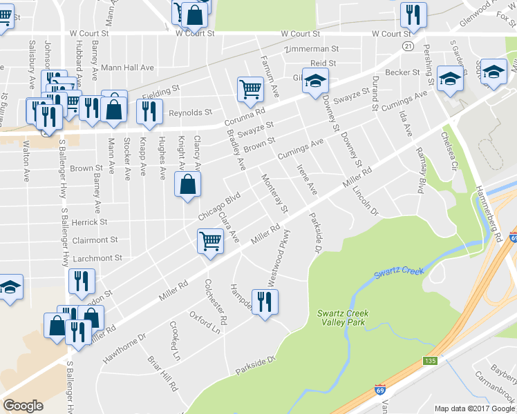 map of restaurants, bars, coffee shops, grocery stores, and more near 1522 Bradley Avenue in Flint