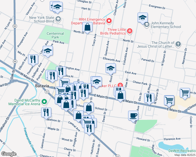 map of restaurants, bars, coffee shops, grocery stores, and more near 22 Summit Street in Batavia