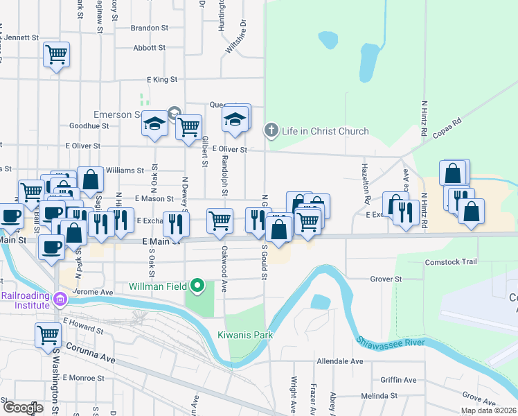 map of restaurants, bars, coffee shops, grocery stores, and more near 210 North Gould Street in Owosso
