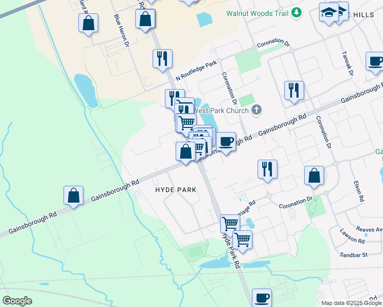map of restaurants, bars, coffee shops, grocery stores, and more near 1600 Hyde Park Road in London