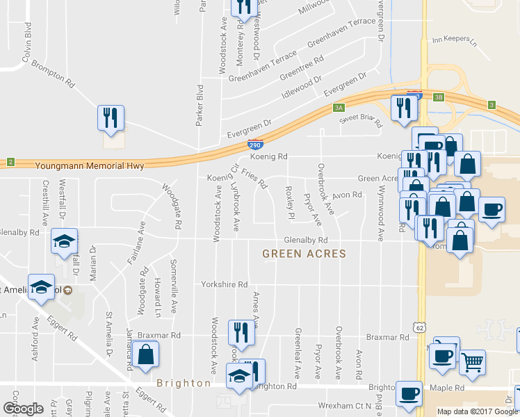 map of restaurants, bars, coffee shops, grocery stores, and more near 310 Green Acres Road in Tonawanda
