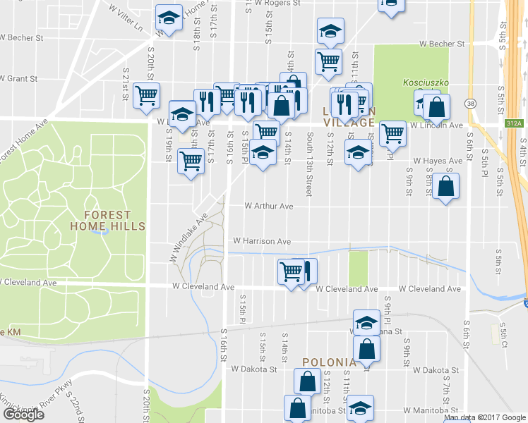 map of restaurants, bars, coffee shops, grocery stores, and more near 2509 S 15th St in Milwaukee