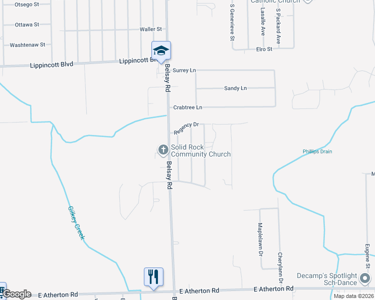 map of restaurants, bars, coffee shops, grocery stores, and more near 2242 Hunter Lane in Burton