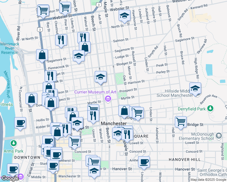 map of restaurants, bars, coffee shops, grocery stores, and more near 183 Ash Street in Manchester