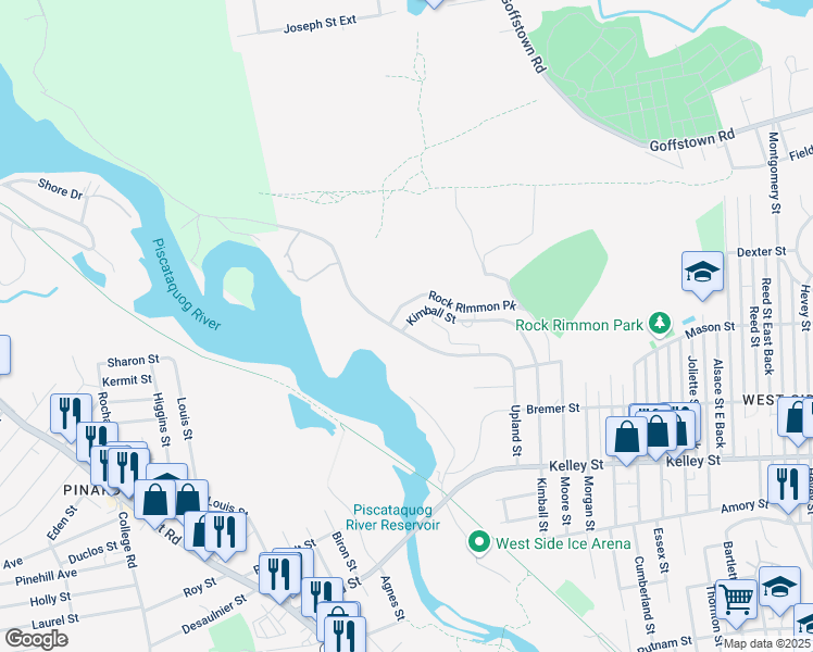map of restaurants, bars, coffee shops, grocery stores, and more near 579 Kimball Street in Manchester