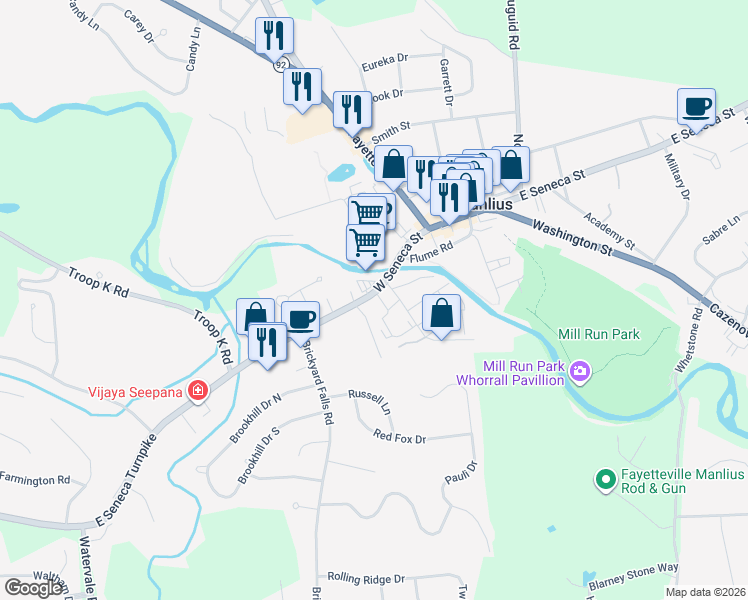 map of restaurants, bars, coffee shops, grocery stores, and more near 130 West Seneca Street in Manlius