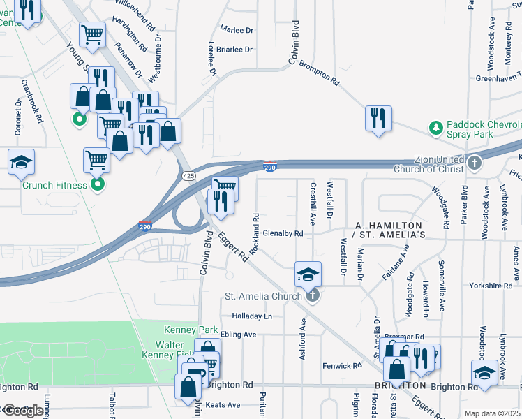 map of restaurants, bars, coffee shops, grocery stores, and more near 89 Rockland Road in Tonawanda
