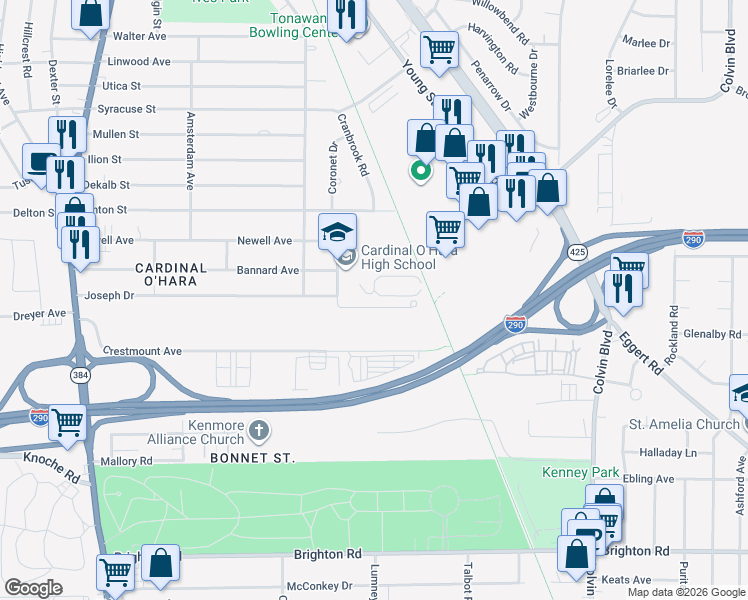 map of restaurants, bars, coffee shops, grocery stores, and more near 30 Countrygate Lane in Tonawanda