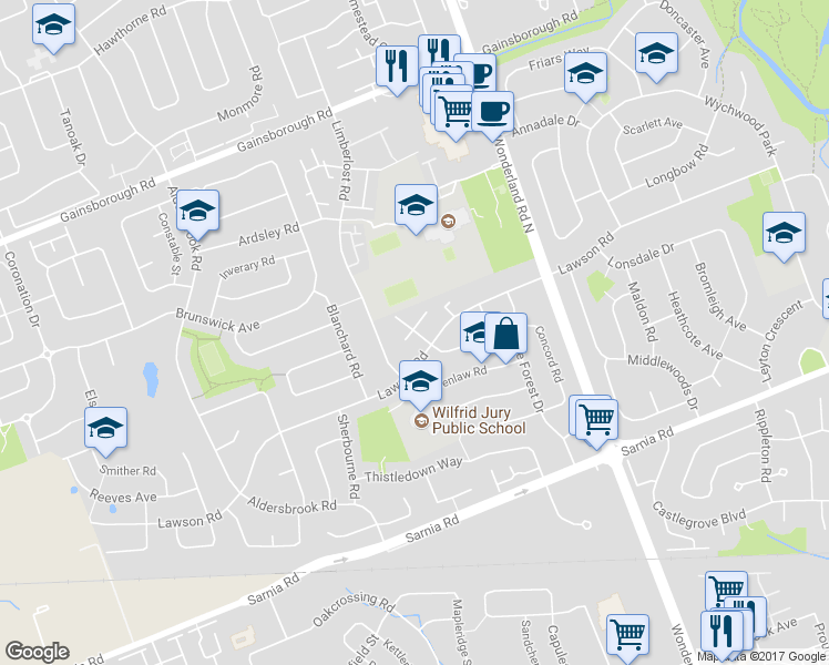 map of restaurants, bars, coffee shops, grocery stores, and more near in London