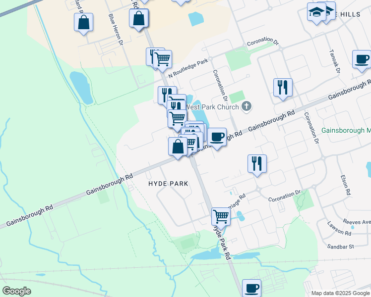 map of restaurants, bars, coffee shops, grocery stores, and more near 1600 Hyde Park Road in London
