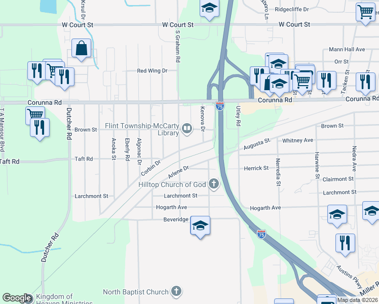 map of restaurants, bars, coffee shops, grocery stores, and more near 3515 Corbin Drive in Flint