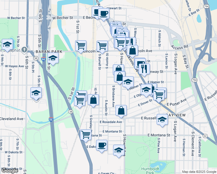 map of restaurants, bars, coffee shops, grocery stores, and more near 327 East Clarence Street in Milwaukee