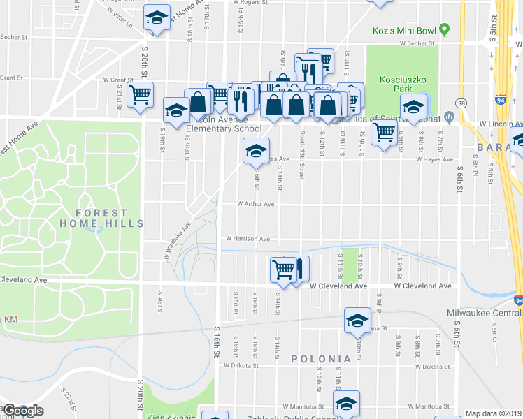 map of restaurants, bars, coffee shops, grocery stores, and more near 2509 South 15th Street in Milwaukee