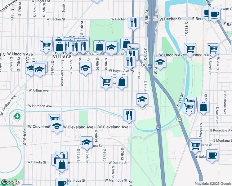 map of restaurants, bars, coffee shops, grocery stores, and more near 2506a South 8th Street in Milwaukee