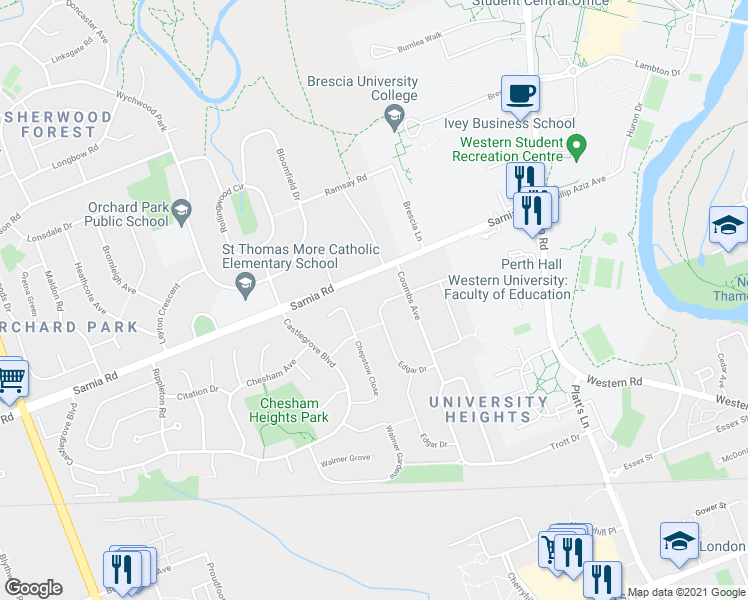 map of restaurants, bars, coffee shops, grocery stores, and more near 297 Edgar Drive in London