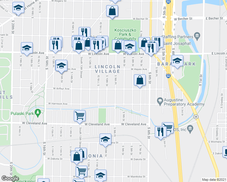 map of restaurants, bars, coffee shops, grocery stores, and more near 2505 South 9th Place in Milwaukee