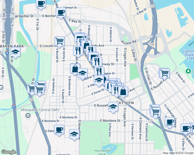map of restaurants, bars, coffee shops, grocery stores, and more near 2513 South Kinnickinnic Avenue in Milwaukee