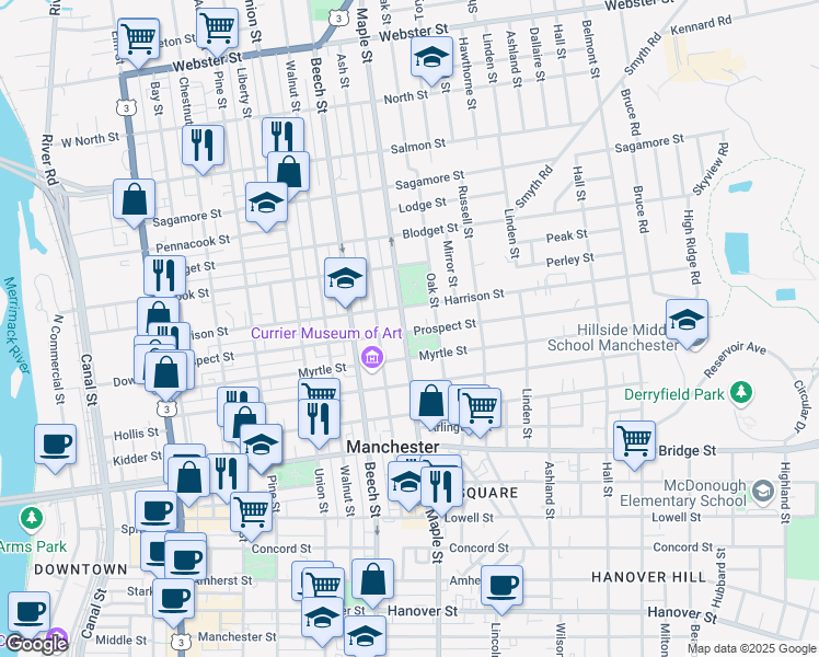 map of restaurants, bars, coffee shops, grocery stores, and more near 180 Prospect Street in Manchester