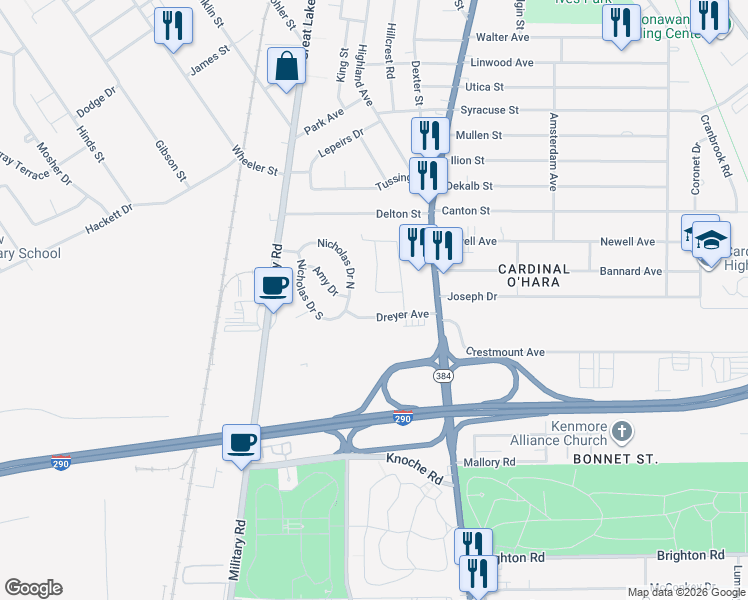map of restaurants, bars, coffee shops, grocery stores, and more near 22 Eden Avenue in Tonawanda