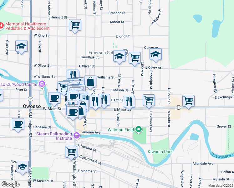 map of restaurants, bars, coffee shops, grocery stores, and more near 215 North Oak Street in Owosso