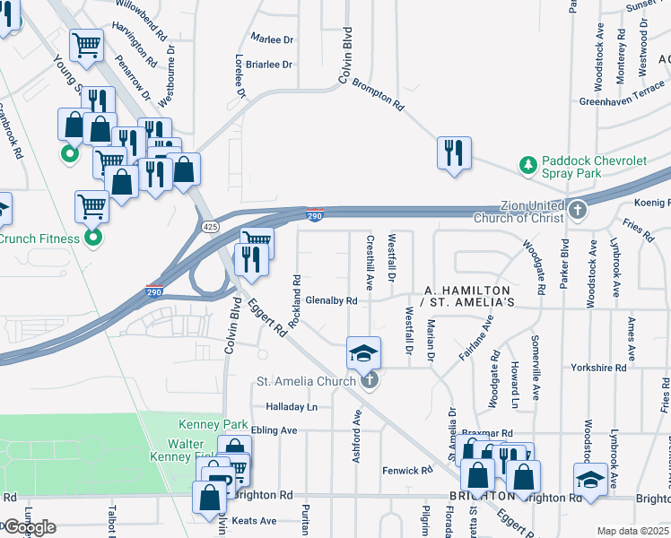 map of restaurants, bars, coffee shops, grocery stores, and more near 16 S Crest Ct in Tonawanda
