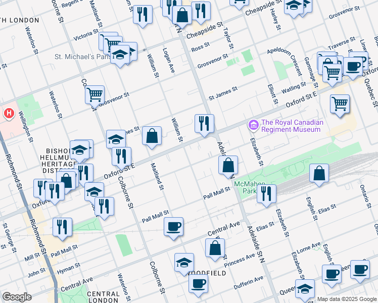 map of restaurants, bars, coffee shops, grocery stores, and more near 754 William Street in London